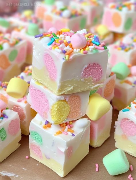 Easy Fruity Marshmallow Fudge - Colorful & Fun Treat Recipe - Recipes By Clare Mini Marshmallow Recipes, Fudge White Chocolate, Marshmallow Fudge Recipe, Cotton Candy Cookies, Marshmallow Fudge, Chocolate Cherry Cookies, Flavored Marshmallows, White Chocolate Fudge, Boston Cream Pie