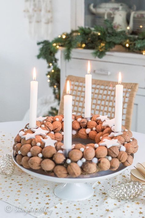 Alternative Advent wreath idea. Make an Advent wreath centerpiece from your fall wreath. Walnut wreath centerpiece. Walnut Wreath, Christmas Kitchen Island, Nut Wreath, Kitchen Island Centerpiece Ideas, Island Centerpiece Ideas, Christmas Centrepiece Ideas, Christmas Dining Room Table, Island Centerpiece, Kitchen Island Centerpiece