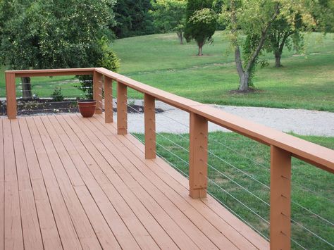 rail option with wire... cheapest Red Cedar Deck, Freestanding Deck, Deck Building Plans, Cable Railing Deck, Patio Railing, Deck Railing Design, Cedar Deck, Modern Deck, Dream Deck