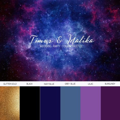 Starry Night Wedding Colors, Celestial Colour Palette, Celestial Wedding Theme Color Schemes, Celestial Wedding Color Palette, Night Court Wedding, Prom Themes Starry Night, Galaxy Color Palette, Celestial Color Palette, Emo Wedding