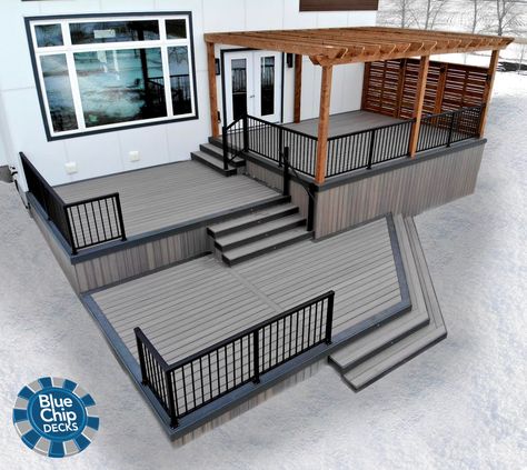 Decks deckideas TREX trexdecking pergola deckdesign Outdoor Raised Deck Ideas, Deck For Sloped Backyard, Deck Two Level, Multi Layer Deck Ideas, 12x16 Deck Ideas, Back Deck Steps Down To Patio, Three Level Deck, 3 Tier Deck, Trex Pergola Ideas