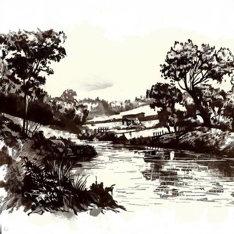 An ink drawing of a gorgeous countryside view with river River Ink Drawing, River Drawing, Biro Drawing, Countryside View, Ink Landscape, Inktober 2024, Chinese Ink, Vintage Drawing, Perspective Drawing