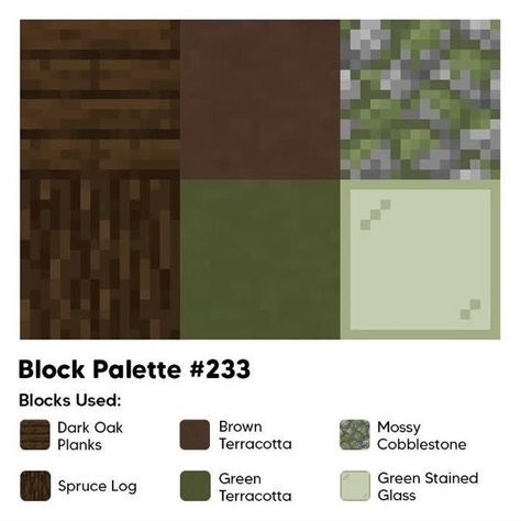 Minecraft Wood Pallets, Minecraft Green Block Palette, Minecraft Spruce Color Palette, Block Pallet Ideas Minecraft Spruce, Minecraft Spruce Block Palette, Dark Oak Block Pallet Minecraft, Mangrove Pallete Minecraft, Minecraft Block Palette Spruce, Minecraft Acacia Palette