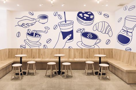 Cafe Interior Illustration, Cafe Wall Design, Simple Line Illustration, Kirchen Design, Cafeteria Design, Mural Cafe, House Tokyo, Japanese Couple, Coffee Stand