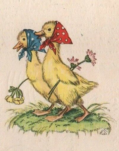 Vintage Spring Illustration, Bird Wearing Hat, Geese Art, Chicken Illustration, Storybook Art, Cottage Art, Baby Ducks, Bunny Art, Beatrix Potter