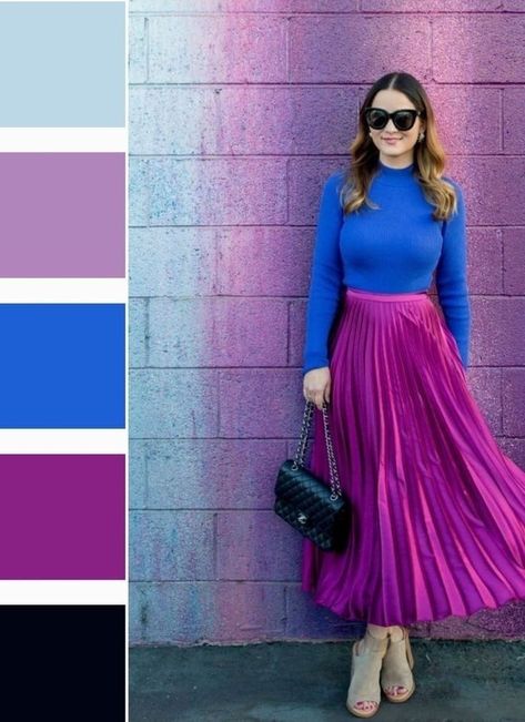 Magenta Color Combinations Outfit, Magenta Skirt Outfit, Magenta Outfit Color Combos, Fuchsia Color Combination, Outfit Color Combinations, Fashion Color Combos, Magenta Skirt, Combination Dresses, Colour Combinations Fashion