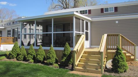 Backdoor Patio, Lakeside Deck, Porch Shades, Window Porch, Build Outdoor Furniture, Tiny House Exterior, Cottage Porch, Park Model Homes, Porch Roof