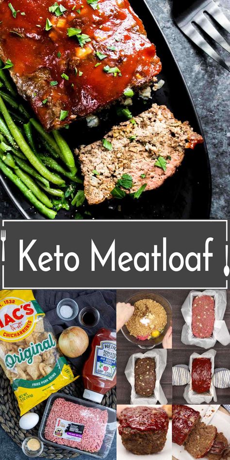 Keto meatloaf is low carb comfort food that is just as good as the original! This easy recipe for a low carb meatloaf is made with pork rinds instead of bread crumbs to give it a soft, moist texture, with lots of flavor. Top it with a low carb sauce of no sugar added ketchup and serve it with green beans or cauliflower mash for a low carb dinner recipe that the whole family will love! Keto Pork Rinds, Pork Rind Recipes, Keto Meatloaf, Low Carb Ketchup, Health Lunch, Low Carb Meatloaf, Cauliflower Mash, Low Carb Sauces, Carb Dinner