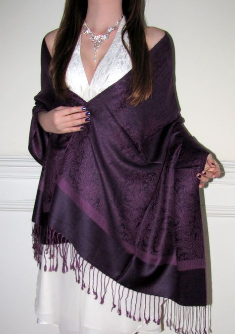 Dark purple shawl Purple Scarf Outfit, Shawl Outfit, Purple Shawl, Pashmina Silk, Prom Inspiration, Paisley Shawl, Dress With Shawl, Purple Scarves, Silk Shawl