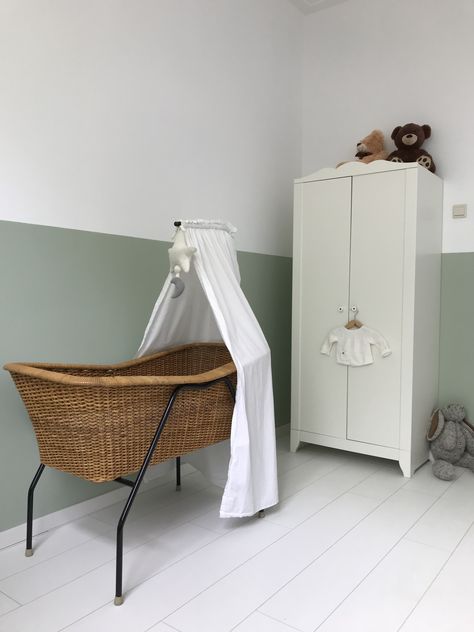 Nursery Wall Half Paint, Half Painted Wall Living Room Green, Half Green Wall Nursery, Half Green Half White Wall, Half Wall Paint Kids Room, Half Green Wall, Vintage Cradle, Green Boys Room, Half Painted Walls