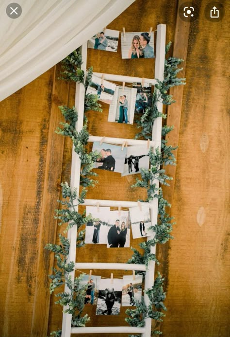 Wedding Photo Ladder, Bride And Groom Photo Display, Wedding Ladder Display, Photo Display Engagement Party, Wedding Photo Board Display, Engagement Party Photo Display, Greenery Bridal Shower Ideas, Bridal Shower Photo Display, Ladder Wedding Decor