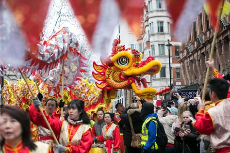 A festival of red: Chinese new year in London, February 10, 2019. New Year In London, New Year London, Chinese New Year Installation, Chinese Festival Dragon, Dragon Festival China, Lunar New Year Lion Dance, Chinese New Year 2022, London February, Chinese Festival