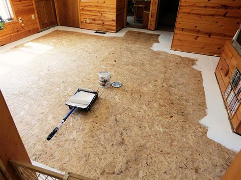 Stained Plywood Floors, Particle Board Floor, Paint Particle Board, Plywood Flooring Diy, Painted Osb, Painting Plywood, Painted Plywood Floors, Stained Plywood, Osb Plywood