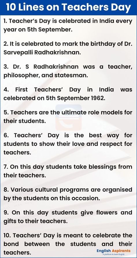 Teachers Day Essay, Lines On Teacher, My Teacher Essay, Essay On Teachers Day, Teachers Day In India, Essay Writing Examples, Fun Facts For Kids, Teacher Day, Study Flashcards