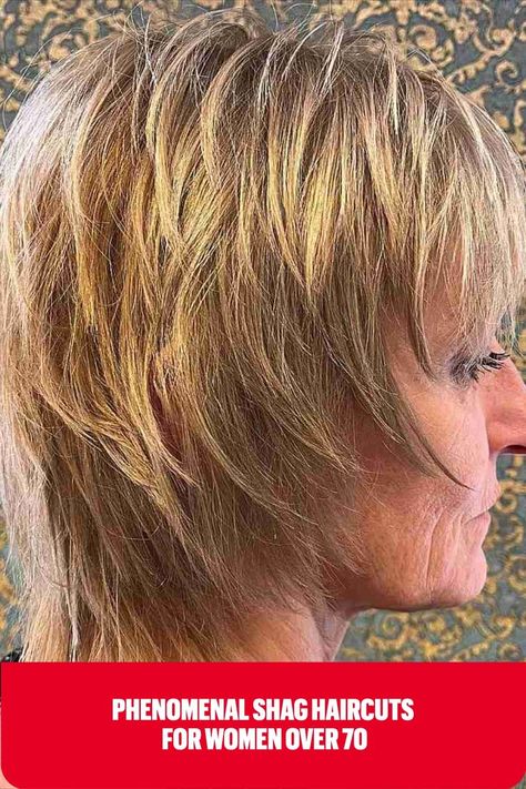 Straight Mullet Shag with Golden Blonde Color for a Woman Over 70 Short Layered Shag Hairstyles, Shag Haircuts For Women, Haircuts For Women Over 70, Shag Layered Hairstyles, Medium Shag Hairstyles, Modern Shag Haircut, Short Shaggy Haircuts, Flattering Hairstyles, Short Shag Haircuts