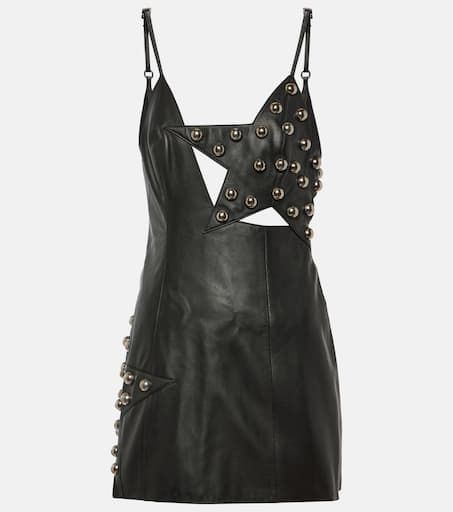 Studded leather minidress in black - Area | Mytheresa Fashion Collection Inspiration, Metal Dress, Metallic Dress, Looks Chic, Studded Leather, Performance Outfit, Stage Outfits, Embroidered Silk, Leather Care