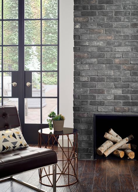 Dark Brick Fireplace, Wood Stoves Ideas Living Rooms, Wood Stoves Ideas, Black Brick Fireplace, Stained Brick, Eldorado Stone, Grey Fireplace, Black Brick Wall, Painted Brick Fireplaces