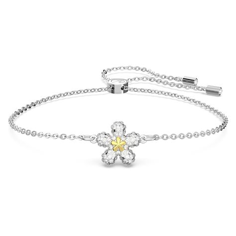 Boost your mood and any outfit with this charming floral bracelet. Showcasing a Pointiage®-set daisy motif, this rhodium-plated piece features an energizing mix of clear crystals with a yellow centerpiece. It's finished with a sliding mechanism to ensure you find the perfect fit. Article no.: 5632061Collection:  ToughMaximum length: 9 1/2 inchesMotif length: 3/8 inchesMotif width: 1/2 inchesMaterial:  Crystals, Mixed metal finish, CeralunColor:  WhiteClasp type:  Sliding ball Yellow Centrepiece, Yellow Centerpiece, Sliding Mechanism, Wishlist 2024, Bracelet Flower, Pink Watch, Zodiac Bracelet, Boost Your Mood, Swarovski Bracelet