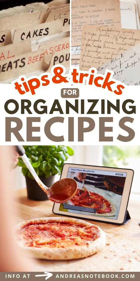 Collage of methods of organizing recipes. Recipes Storage Ideas, Best Way To Organize Recipes, Recipe Categories List, Recipe Organization Ideas, Storing Recipes, Organize Recipes, Recipe Categories, Diy Cookbook, Goodnotes 5