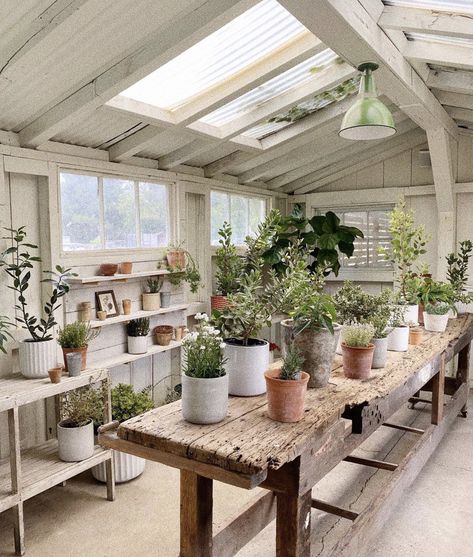 Garden Potting Shed, Greenhouse Workbench, Potting Shed Table, Vintage Greenhouse, Diy Potting Shed, Greenhouse Interiors Pots & Planters, Greenhouse White, Greenhouse Astethic, Potting Shed Interior Ideas