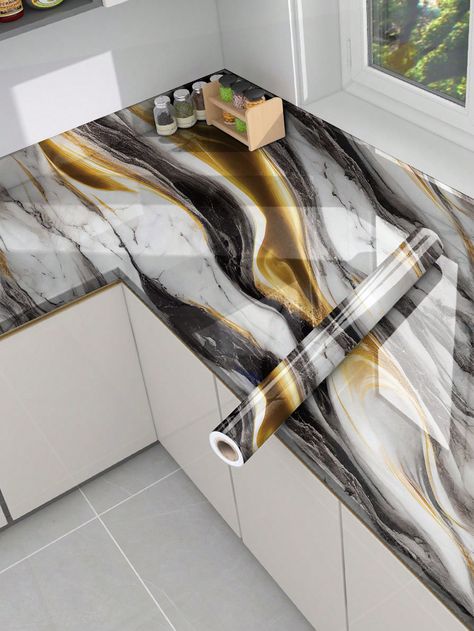 1pc Black Gold Gilt Marble Kitchen Waterproof And Oil-proof Sticker Glossy Self-adhesive Drawer Home Protection Film Desktop Stove Countertop Moisture-proof Self-adhesive Renovation Film Marble WallpaperI discovered amazing products on SHEIN.com, come check them out! Bathroom Wall Stickers, Kabinet Dapur, Kitchen Stickers, Wall Stickers Wallpaper, Yellow Marble, Luxury Marble, Surface Decoration, Home Protection, Marble Wallpaper