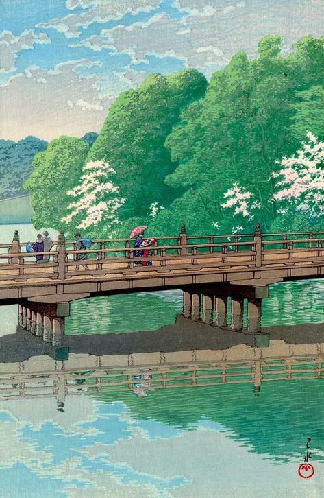 Kawase Hasui, Benkei Bridge, Akasaka, woodblock print, 1931  #art #painting #japan Kawase Hasui, Japanese Castle, Geisha Art, Japanese Art Prints, Japanese Artwork, Traditional Japanese Art, Weekly Newsletter, Aesthetic Japan, Fantasy Places