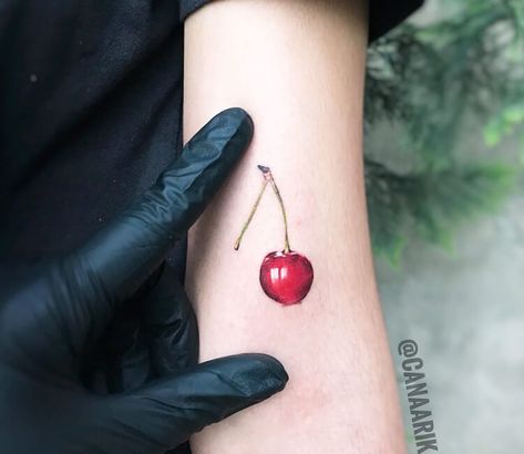 Cherry tattoo by Cana Arik Tattoo On Triceps, Tattoos Large, Tattoos For Female, Cherry Tattoo, Hyper Realistic Tattoo, Cherry Tattoos, 100 Tattoo, Poppies Tattoo, Bear Tattoos