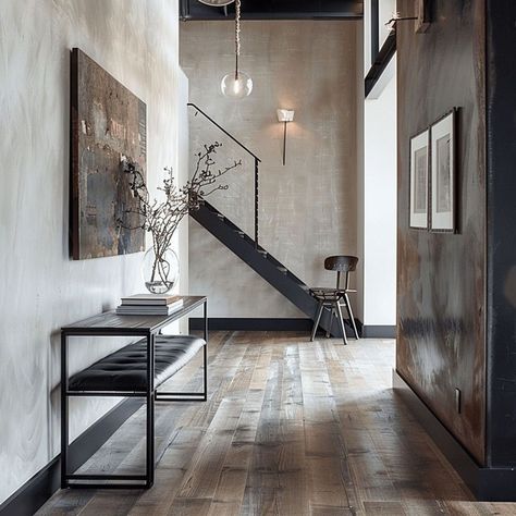 Industrial Chic Entryway Design Modern Industrial Entryway, Black Metal Staircase, Rustic Wooden Floor, Chic Entryway, Industrial Hallway, Hallway Design Ideas, Functional Entryway, Metal Staircase, Entryway Table Decor Ideas