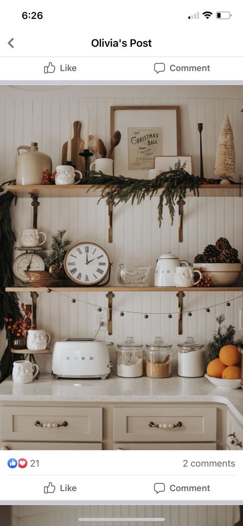 Christmas Kitchen Shelf Decor, Styling Kitchen Shelves, Shelf Decor Christmas, Christmas Shelves, Santa Display, Christmas Bookshelf, Kitchen Built Ins, Apartment Ideas Kitchen, Kitchen Shelf Styling