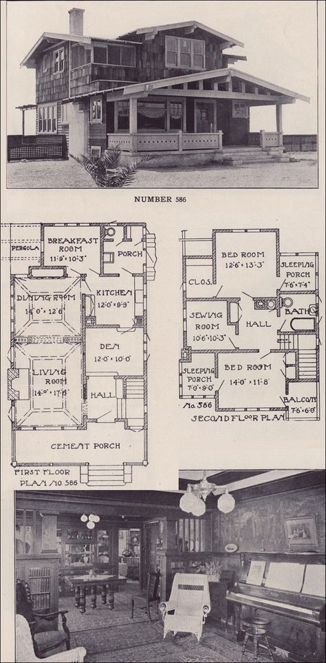 1912 California Two-story Bungalow - Los Angeles Investment Company - Craftsman Beach House Style Craftsman Floor Plans 2 Story, Beach House Blueprints, Gable Detail, Airplane Bungalow, Craftsman Beach House, Cement Porch, Two Story Bungalow, Beach House Vintage, Porch Gable