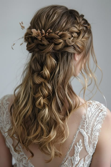 Acotar Inspired Hairstyles, Celtic Bridal Hairstyles, Braided Crown With Curls, Wedding Hair Down Braid, Elven Wedding Hair, Celestial Wedding Hair, Goddess Hairstyle, Elven Hairstyles, Prom Hairstyle Ideas