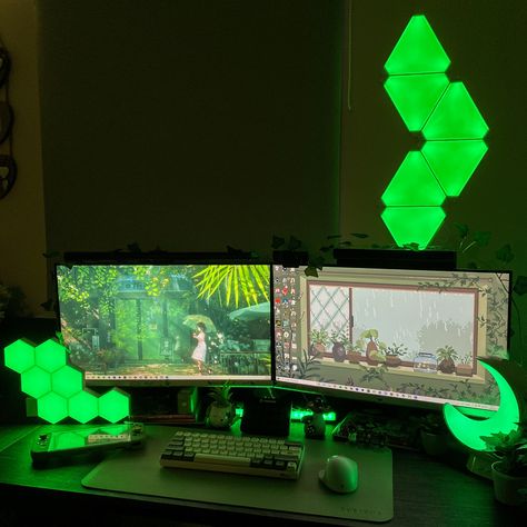 Green Streaming Setup, Green Game Setup, Gaming Setup Aesthetic Green, Green Video Game Aesthetic, Gamer Aesthetic Green, Green Computer Aesthetic, Pc Setup Green, Green Gamer Aesthetic, Futaba Aesthetic