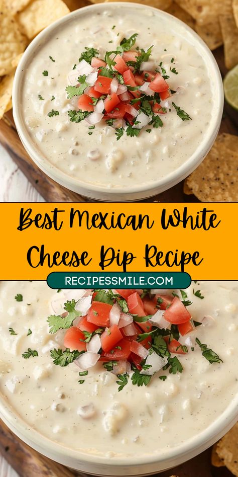 This creamy, flavorful Mexican White Cheese Dip is perfect for parties, snacks, or casual gatherings. Made with melted white American cheese, garlic, onions, and a hint of spice, it's an irresistible dip for chips, tacos, or veggies. Quick and easy to make, this dip is a crowd-pleaser, customizable with optional spice and garnish. Try this simple recipe for a delicious, smooth dip everyone will love! Mexican Queso Dip Restaurants, Mayo Based Dips, Quasidia Recipes, Caso Dip Recipe, White Queso Dip Crockpot, White Mexican Cheese Dip, Queso Fresco Dip, White Cheese Queso Dip, Mexican Queso Dip