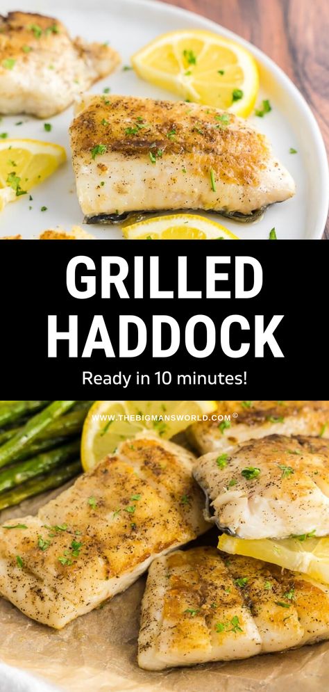 Need a healthy dinner in a flash? This 4-ingredient grilled haddock recipe is lightly seasoned, naturally buttery and flavorful, and ready in 10 minutes or less! Grilled Haddock Recipes Foil Packets, Cooking Haddock Filets, Haddock On Blackstone Griddle, Haddock Francaise Recipe, How To Cook Haddock Fillets, Haddock Recipes Grilled, Haddock On The Grill, Grilled Haddock Recipes, Haddock Fish Recipes