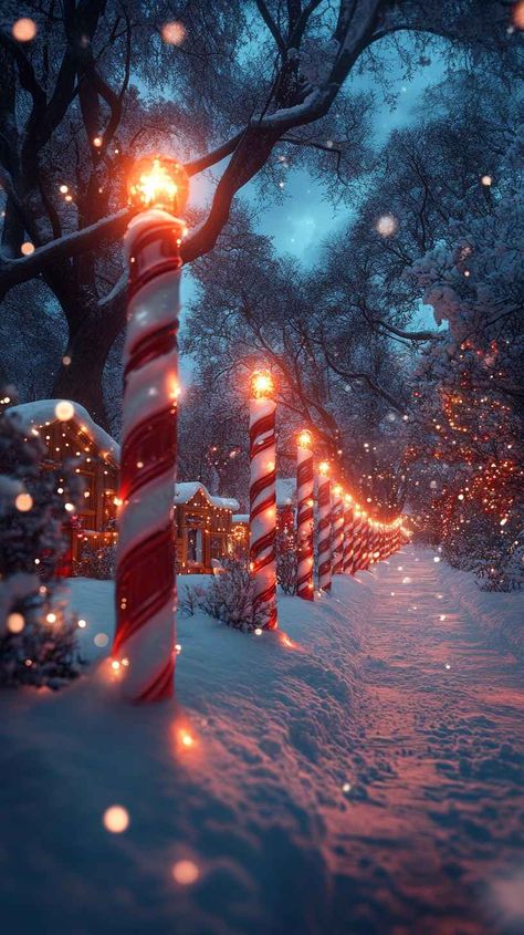 Snowy Christmas Background, Cane Lights, Snowy Path, Winter Wonderland Wallpaper, Christmas Lights Wallpaper, Festive Background, Christmas Tree Wallpaper, Iphone Wallpaper Winter, Laptop Design