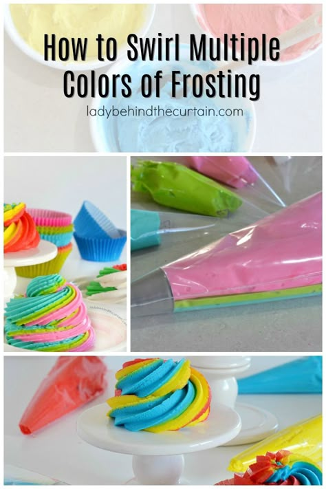 How to Swirl Multiple Colors of Frosting Rainbow Cupcakes Frosting, How To Ice Cupcakes, Cupcake Frosting Tips, Rainbow Icing, Make Cake Pops, Color Rice, Rainbow Frosting, Piping Frosting, Swirl Cupcakes