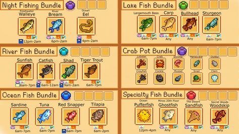 Stardew Valley Bundles Checklist, Stardew Valley Bundle Guide, Fishing Stardew Valley, Stardew Valley Layout, Stardew Valley Tips, Stardew Valley Farms, Valley Game, Stardew Valley Fanart, River Fishing