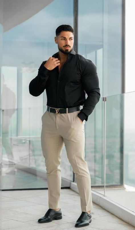 Muscle Man Pose, Masculine Contemporary, Andrei Deiu, Black Shoes Outfit, Manly Style, Mens Business Casual Outfits, Beard Fade, Black Men Fashion Casual, Classy Outfits Men