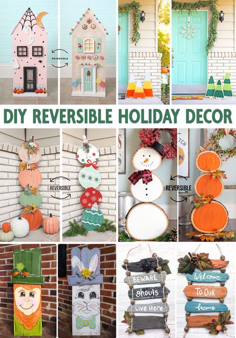 This is a big list of the cutest reversible holiday decoration ideas. Make one craft and use it for multiple seasons just by swapping it around. Who doesn’t love a good two-for-one?! It’s just so much fun to be able to switch a decoration around at the changing of the seasons. It’s also economical as you only have to buy the structural parts once. AND it saves space when you’re storing the decorations in the off season. Fall And Christmas Reversible Sign, Reversible Holiday Decor, Reversible Decor, Saving Money Diy, The Off Season, Wooden Signs Diy, Create Decor, T Love, Diy Home Decor On A Budget