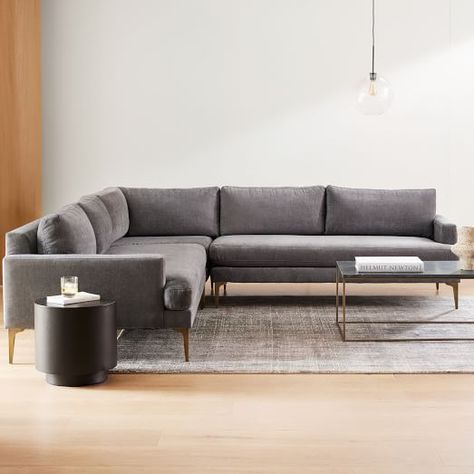 Configuration:Right 2-piece bumper chaise sectional Size:105" width Fabric and colour:Pewter, distressed velvet Leg style:Brass Blackened Brass, Comfortable Sectional, Sofa Corner, Sectional Sofa With Chaise, Dark Pewter, 5 Seater Sofa, U Shaped Sectional, Inspire Me Home Decor, Modern Sectional