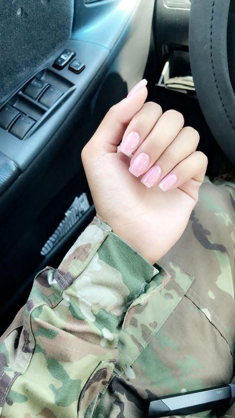 Short Nails Clear Pink, Nails For Rotc, Nurse Length Nails, Shorter Square Acrylic Nails, Elegant Short Acrylic Nails, Squavol Nails Acrylic Short, Solid Color Nails Short Square, Army Nails Regulation, Short Natural Acrylic Nails Square