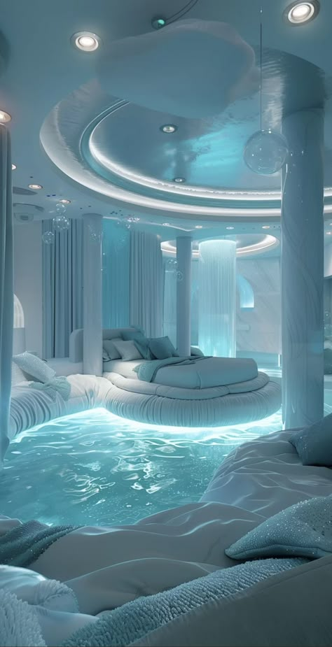 Really Cool Bedrooms, Cybercore House, Water Bedroom Aesthetic, Pool In Bedroom, Weird Bedrooms, Fantasy Room Aesthetic, Dream Pools Luxury Indoor, Frutiger Aero Room, Luxury Indoor Pool