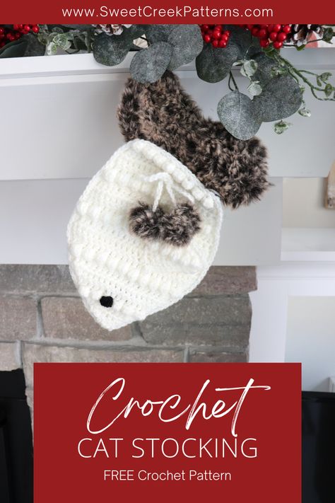 Crochet Christmas Stocking For Cat, Dog Stocking Crochet Pattern, Crochet Cat Christmas Stocking, Crochet Pet Stocking Pattern Free, Crochet Pet Stocking, Crochet Cat Stocking, Crochet Dog Stocking Free Pattern, Cat Stocking Pattern, Crochet Dog Stocking