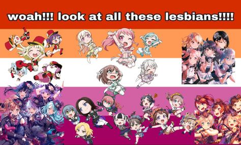 EVERYONE IS LESBIAN MWAHAHAHAHA / temp by @/ikilledthedinosaurs Lisa Imai, Lesbian Flag, Flag Icon, Rhythm Games, Art Memes, Ship Art, Canon, Bangs, Anime