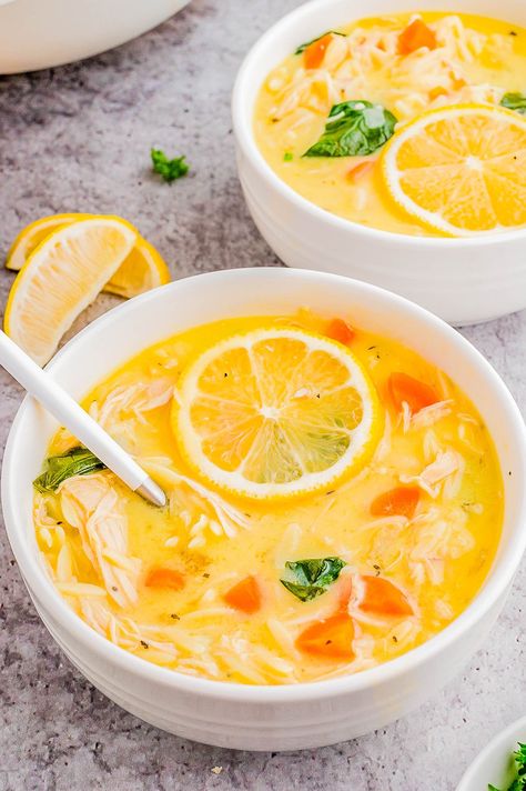 Lemon Chicken Soup - Learn to make this EASY Greek lemon chicken soup (avgolemono) at home! Made in one bowl and ready in just about 30 minutes, this creamy and comforting soup can be made with either orzo or rice. It's rich and luscious without being thick or heavy thanks to the burst of lovely fresh lemon flavor! Greek Lemon Chicken Soup Avgolemono, Lemon Chicken And Orzo, Chicken And Orzo, Greek Lemon Chicken Soup, Lemon Chicken Soup, Averie Cooks, Greek Lemon Chicken, Comforting Soup, Orzo Recipes