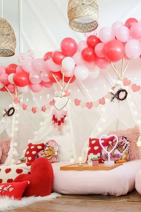 Fall in love with this wonderful Valentine's Day Sleepover party is fantastic! The teepees are awesome! See more party ideas and share yours at CatchMyParty.com    #catchmyparty #partyideas #valentinesday #valentinesdayparty #valentinesdaysleepover #sleepover #valentinesdaysleepover #teepees #slumberparty Valentine Slumber Party, Valentines Sleepover Ideas For Kids, Valentine’s Day Sleepover, Valentines Sleepover Ideas, Valentine Sleepover, Valentines Day Sleepover, Valentines Sleepover, Galentines Sleepover, Tent Parties