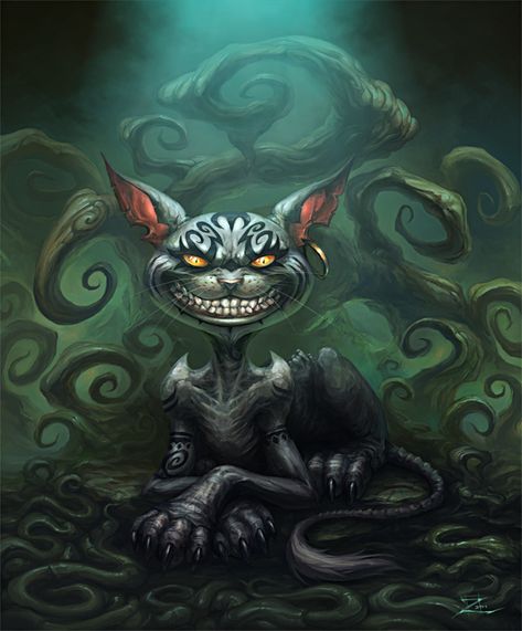 This is one of the initial concept art painting of the Cheshire Cat for Tim Burton's Alice in Wonderland. Cheshire Cat Drawing, Cheshire Cat Art, Cheshire Cat Quotes, American Mcgee’s Alice, Alice In Wonderland Artwork, Dark Alice In Wonderland, Wonderland Artwork, Madness Returns, Creepy Cat