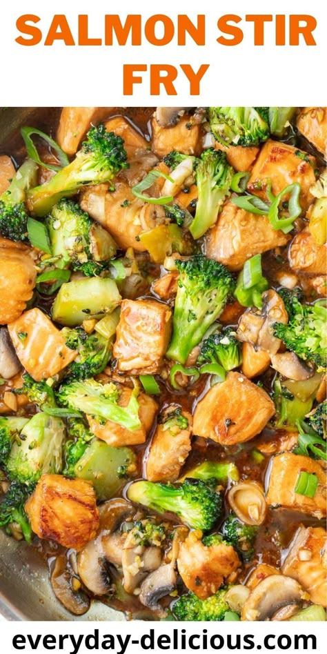 This salmon stir fry makes a delicious 30-minute dinner. Salmon may be an unusual protein for a stir fry but it works so well – it’s super quick to cook and comes out super tender and flavorful. The stir-fry sauce is easy and made with just a couple of ingredients. Mushrooms add additional flavor and broccoli crunch. You’ll love this easy and delicious dinner! Stir Fry With Broccoli, Baked Bbq Chicken Wings, Broccoli And Mushrooms, Sauteed Salmon, Salmon Stir Fry, Seafood Ideas, Cooking Fresh Green Beans, Dinner Salmon, Quick Salmon