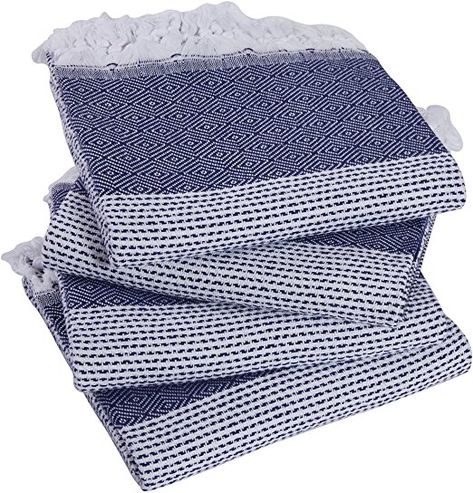 Amazon.com: Set of 4 - New Season BRIGHTEST Diamond Weave Turkish Cotton Bath Beach Hammam Towel Peshtemal Blanket: Home & Kitchen Navy Blue Bathrooms, Best Bath Towels, Fouta Towels, Beach Towel Set, Navy Blanket, Dry Sand, Towel Sets, Hammam Towels, Diamond Weave