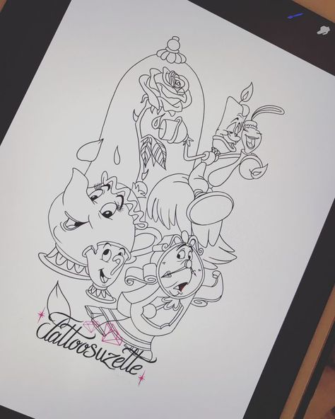 Tattoos Beauty And The Beast, Beast Tattoo Design, Beauty And The Beast Silhouette, The Beast Tattoo, Tattoos Disney, Beauty And The Beast Drawing, Disney Inspired Tattoos, Beast Tattoo, Disney Sleeve Tattoos